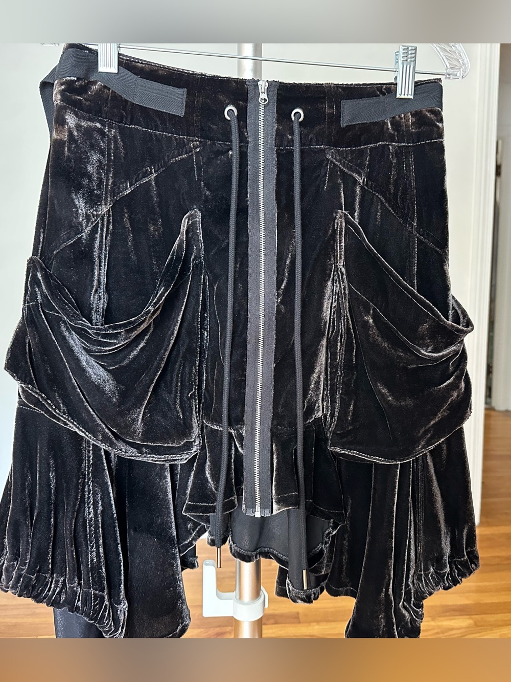 Free People Black Velvet Asymmetrical Drawstring Skirt size 4 - Picture 5 of 13